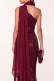 Burgundy Halter Sequins Mermaid Long Holiday Party Dress with Chiffon Draping