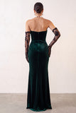 Dark Green Velvet Strapless Mermaid Long Holiday Party Dress with Slit