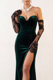 Dark Green Velvet Strapless Mermaid Long Holiday Party Dress with Slit