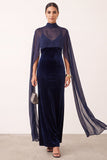 Navy Velvet Sheath High Neck Spaghetti Straps Long Formal Dress with Chiffon Cape