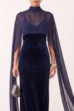 Navy Velvet Sheath High Neck Spaghetti Straps Long Formal Dress with Chiffon Cape