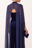 Navy Velvet Sheath High Neck Spaghetti Straps Long Formal Dress with Chiffon Cape