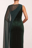 Dark Green Bateau Neck Velvet Sheath Beaded One Shoulder Long Holiday Party Dress with Chiffon Cape