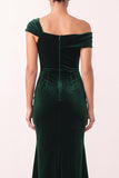 Dark Green Velvet Mermaid Asymmetrical One Shouldr Ruched Midi Holiday Dress