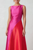 Fuchsia Red Bateau Neck Satin A-Line Midi Formal Dress