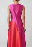 Fuchsia Red Bateau Neck Satin A-Line Midi Formal Dress