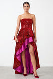 Sparkly Red A-Line Strapless Sequins High Low Tiered Ruffled Satin Holiday Party Dress