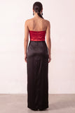 Black Red Satin Sheath Strapless Long Formal Dress with Slit