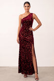 Sparkly Burgundy Sequins Velvet One Shoulder Sheath Long Holiday Party Dress with Slit