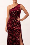 Sparkly Burgundy Sequins Velvet One Shoulder Sheath Long Holiday Party Dress with Slit