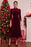 Burgundy Velvet A-Line Pearls High Ruffled Mock Neck Midi Christmas Holiday Party Dress with 3/4 Sleeves