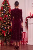 Burgundy Velvet A-Line Pearls High Ruffled Mock Neck Midi Christmas Holiday Party Dress with 3/4 Sleeves