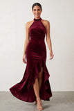 Burgundy High Neck Velvet Mermaid High Low Beaded Long Holiday Party Dress with Ruffled Slit