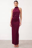 Burgundy Sheath High Neck Ruched Long Holiday Party Dress with Beading