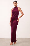 Burgundy Sheath High Neck Ruched Long Holiday Party Dress with Beading