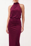 Burgundy Sheath High Neck Ruched Long Holiday Party Dress with Beading