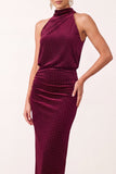 Burgundy Sheath High Neck Ruched Long Holiday Party Dress with Beading