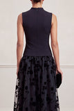 Black High Neck A-Line Floral Printed Tulle Midi Formal Dress