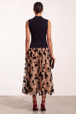 Black High Neck A-Line Floral Printed Tulle Midi Formal Dress