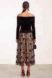 Black Champagne Velvet A-Line Off the Shoulder Ruched Tulle Long Sleeves Midi Wedding Guest Dress