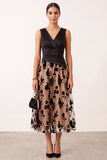 Black Champagne Satin A-Line V-Neck Floral Tulle Midi Wedding Guest Dress