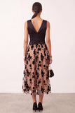 Black Champagne Satin A-Line V-Neck Floral Tulle Midi Wedding Guest Dress