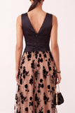Black Champagne Satin A-Line V-Neck Floral Tulle Midi Wedding Guest Dress