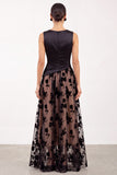 Black A-Line Bateau Neck Satin Ruched Floral Long Formal Dress