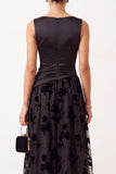 Black A-Line Bateau Neck Satin Ruched Floral Long Formal Dress