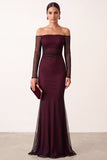 Red Mermaid Off the Shoulder Sheer Mesh Long Sleeves Long Formal Dress