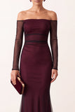 Red Mermaid Off the Shoulder Sheer Mesh Long Sleeves Long Formal Dress