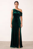 Dark Green Sheath Velvet Asymmetrical One Shoulder Long Formal Dress with Slit