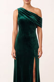Dark Green Sheath Velvet Asymmetrical One Shoulder Long Formal Dress with Slit