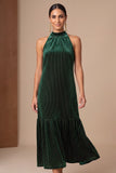 Dark Green Velvet A-Line High Neck Ruffled Midi Holiday Party Dress with Beading
