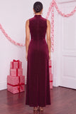 Burgundy Velvet Sheath High Neck Beaded Midi Holiday Party Dress with Slit