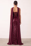 Burgundy Velvet Sequins Sheath Strapless Long Holiday Party Dress with Chiffon Draping