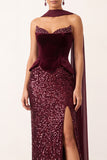 Burgundy Velvet Sequins Sheath Strapless Long Holiday Party Dress with Chiffon Draping