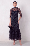 Black Mermaid Illusion Round Neck Floral Ruffled Midi Wedding Guest Dress with 3/4 Sleeves