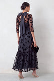 Black Mermaid Illusion Round Neck Floral Ruffled Midi Wedding Guest Dress with 3/4 Sleeves