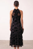 Black A-Line Halter Floral Illusion Tulle Midi Wedding Guest Dress