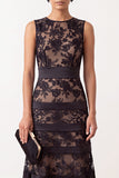 Black A-Line Round Neck Embroidery Satin Midi Floral Dress