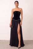 Black Velvet A-Line Strapless Pleated Chiffon Pearls Long Formal Party Dress with Slit