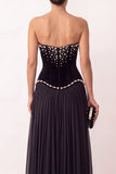 Black Velvet A-Line Strapless Pleated Chiffon Pearls Long Formal Party Dress with Slit