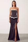 Black White Satin Mermaid Pearls Strapless Long Formal Dress with Slit