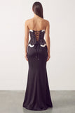 Black White Satin Mermaid Pearls Strapless Long Formal Dress with Slit