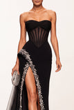 Black Corset Sheer Mermaid Strapless Tulle Long Formal Dress with Rhinestones
