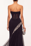 Black Corset Sheer Mermaid Strapless Tulle Long Formal Dress with Rhinestones