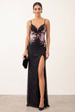 Black Sheath Floral Beaded Spaghetti Straps Long Formal Dress with Slit