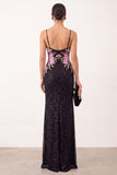 Black Sheath Floral Beaded Spaghetti Straps Long Formal Dress with Slit