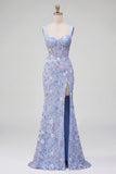 Blue Sheer Corset Embroidery Satin Mermaid Long Floral Prom Dress with Slit